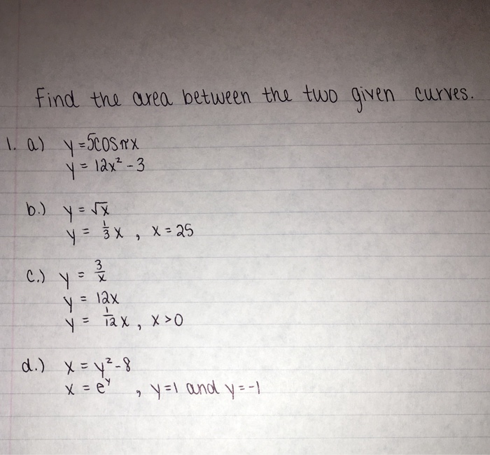 Solved Find the area between the two given curves. a) y = 5 | Chegg.com