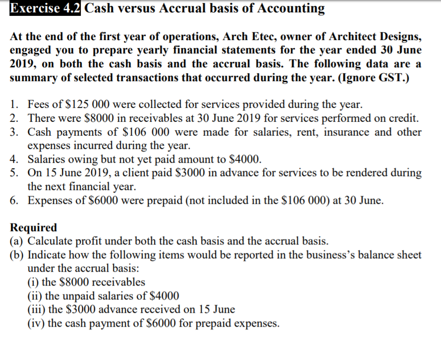 Solved Exercise 4.2 Cash Versus Accrual Basis Of Accounting | Chegg.com