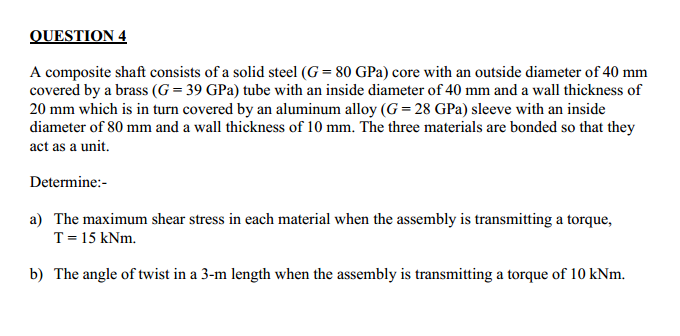 Solved A composite shaft consists of a solid steel (G = 80 | Chegg.com