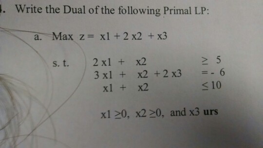 Solved Write The Dual Of The Following Primal Lp Max Z X1