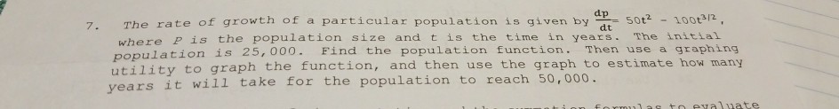 Solved 7. The rate of growth of a particular population is | Chegg.com