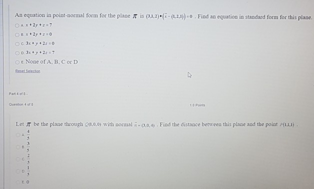 Solved An equation in point-normal form for the plane π is | Chegg.com