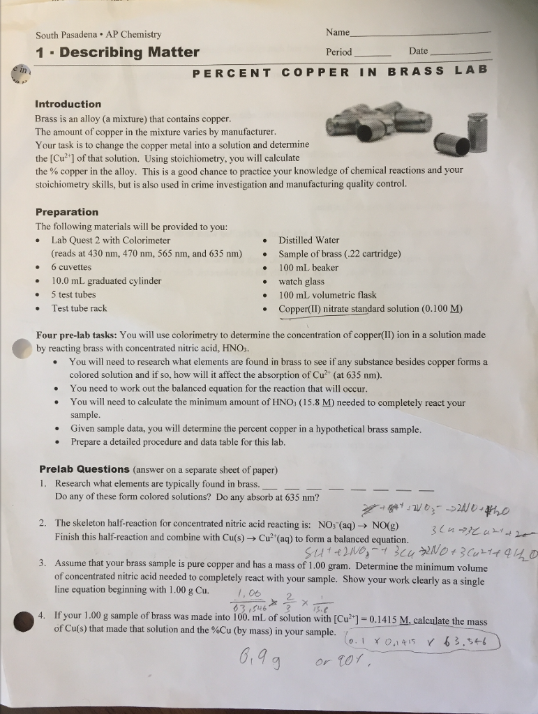 Solved South Pasadena AP Chemistry 1 Describing Matter Name