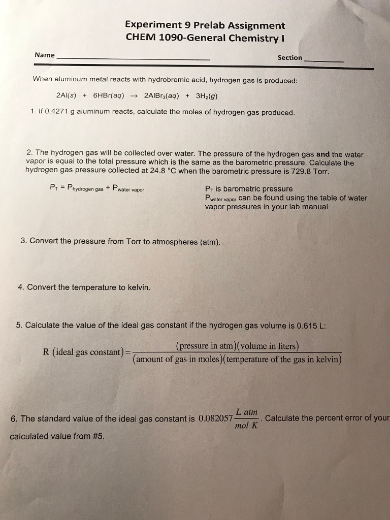 Solved Experiment 9 Prelab Assignment CHEM 1090-General | Chegg.com