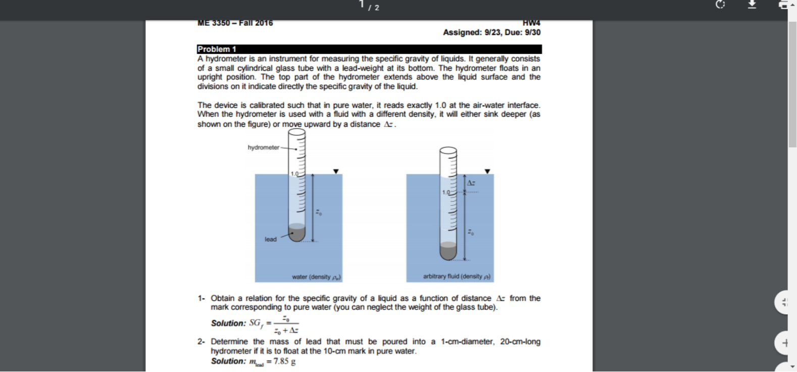 Solved Assigned 9/23, Due 9/30 Problem 1 A hydrometer is
