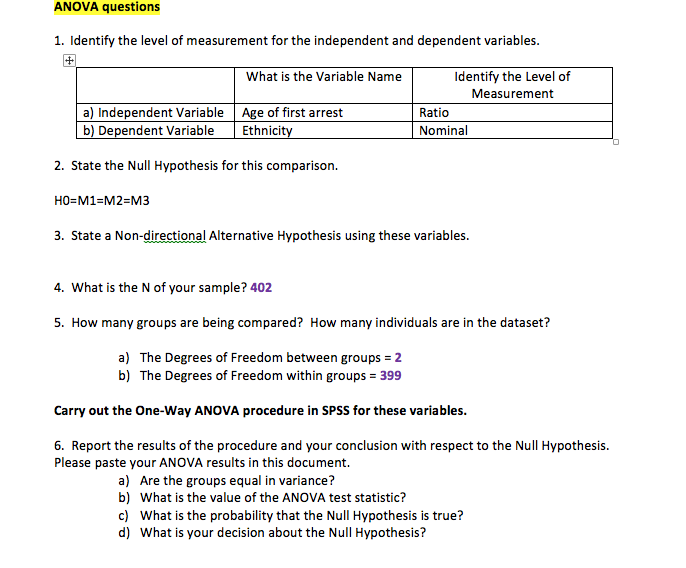 Solved Anova Questions 1 Identify The Level Of Measurement