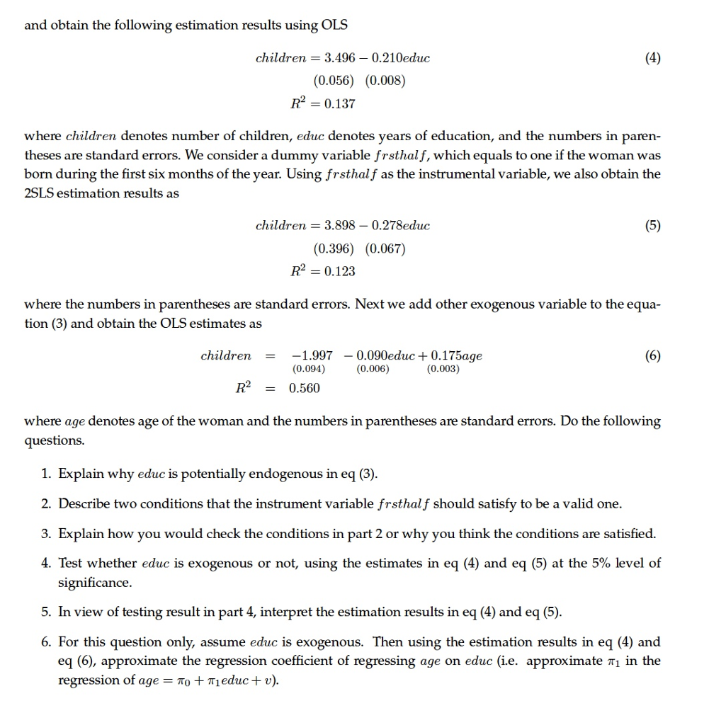 4 OLS, 2SLS, and Testing From the data, for women in | Chegg.com