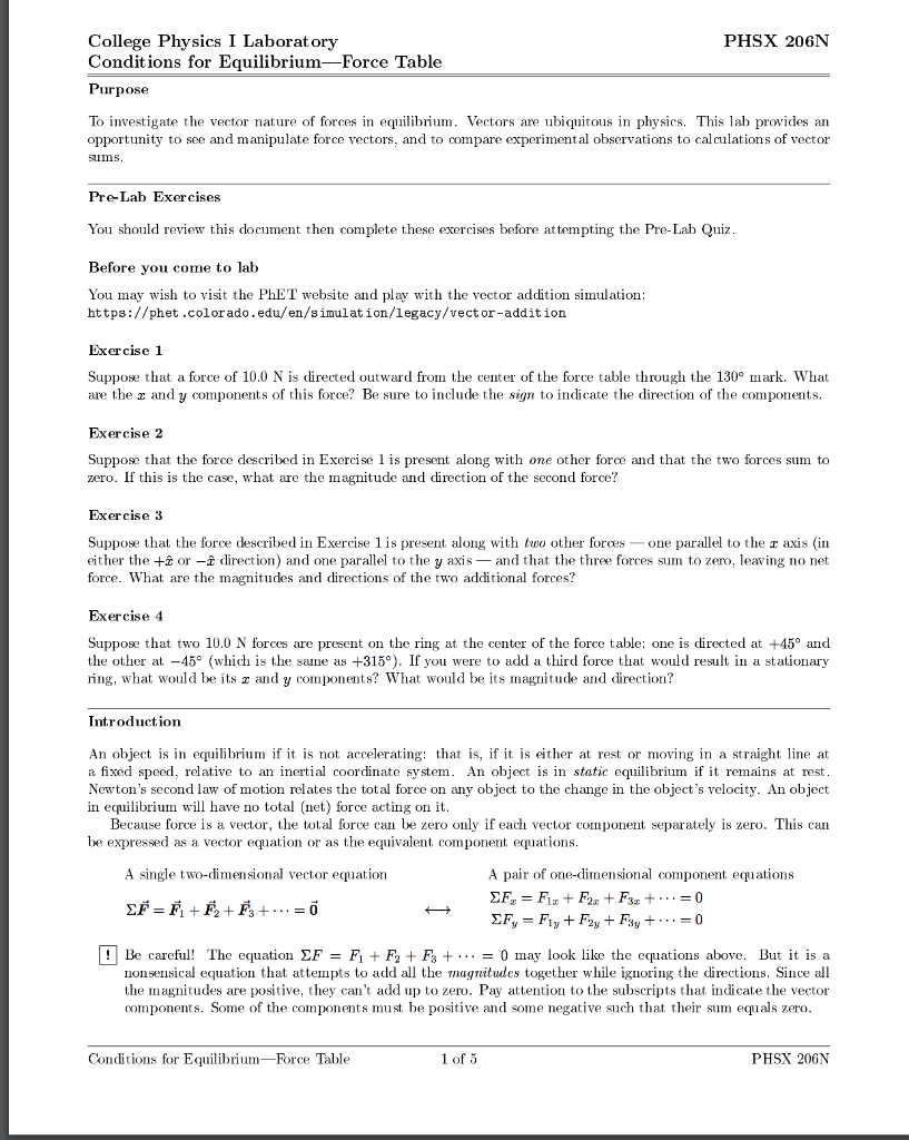 Solved College Physics I Laboratory Conditions for | Chegg.com