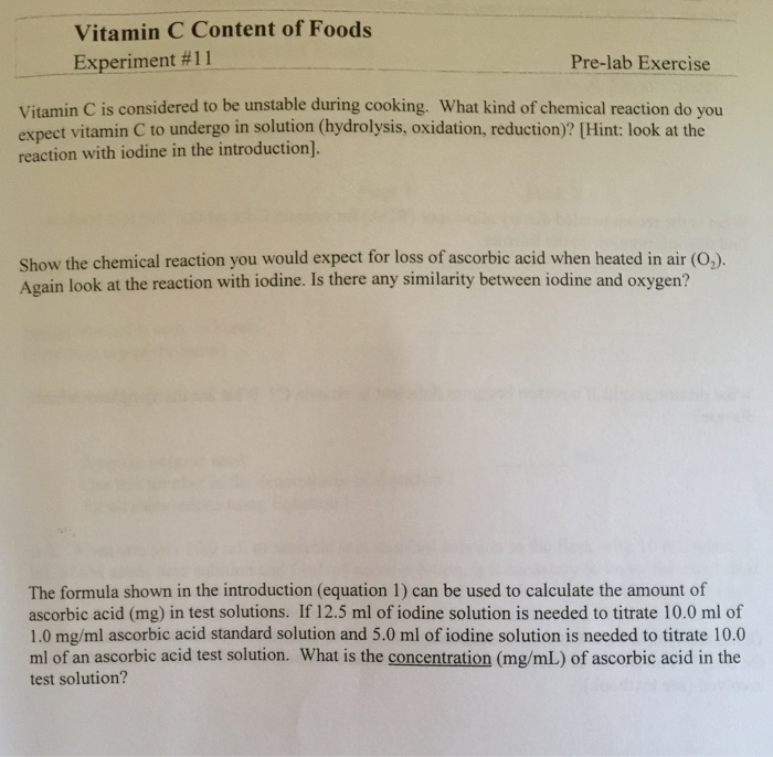 Solved Vitamin C Content of Foods Experiment 11 Prelab