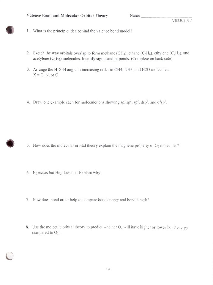 Solved Valence Bond and Molecular Orbital Theory Name Chegg