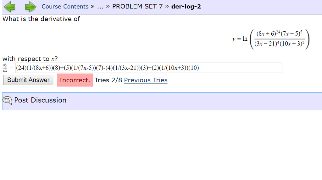 Solved What Is The Derivative Of Y Ln 8x 6 24 7x Chegg solved-what-is-the-derivative-of-y-ln-8x-6-24-7x-chegg