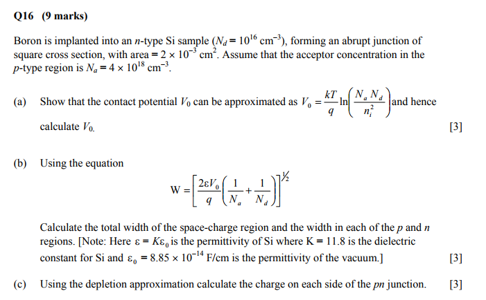 Solved Q16 (9 marks) Boron is implanted into an n-type Si | Chegg.com