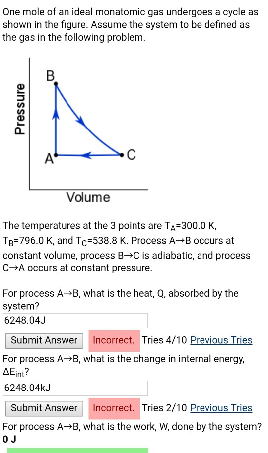 Solved One mole of an ideal monatomic gas undergoes a cycle