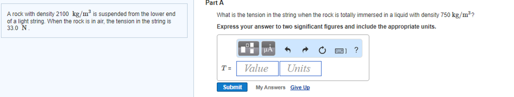 Solved A rock with density 2100 kg/m3 is suspended from the | Chegg.com