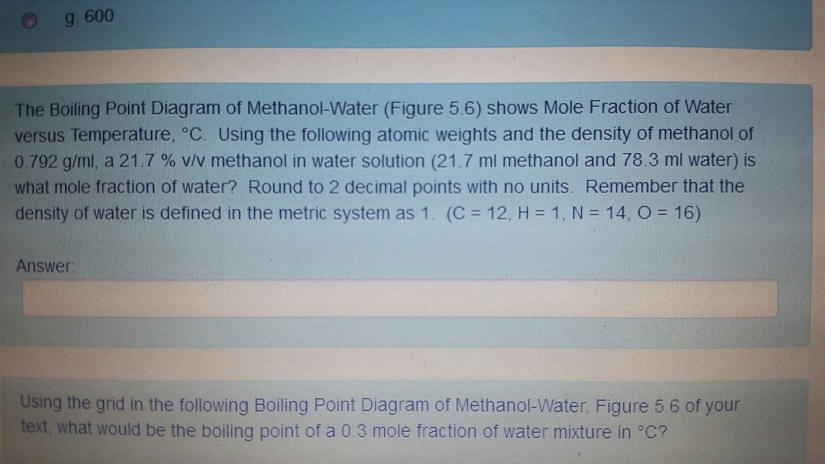 O g. 600 The Boiling Point Diagram of Methanol-Water | Chegg.com