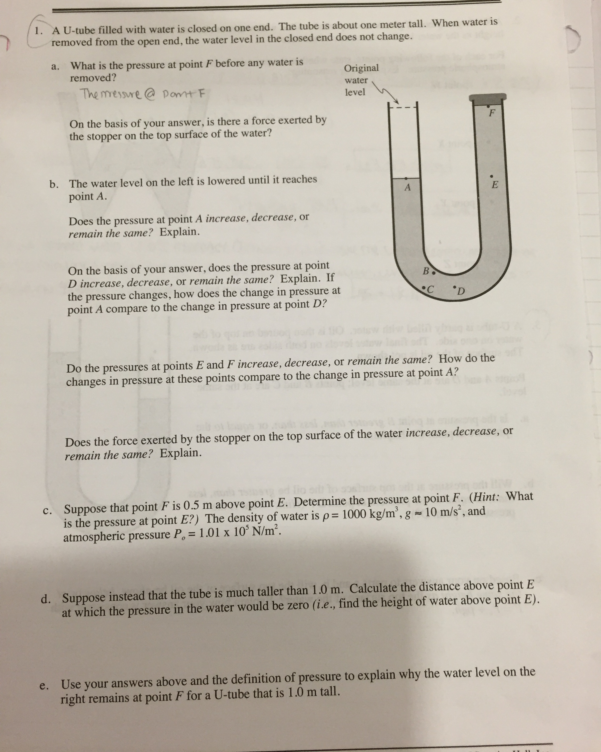 Solved A Utube filled with water is closed on one end. The