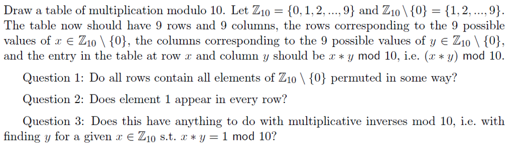 Solved Draw a table of multiplication modulo 10. Let Z10 | Chegg.com