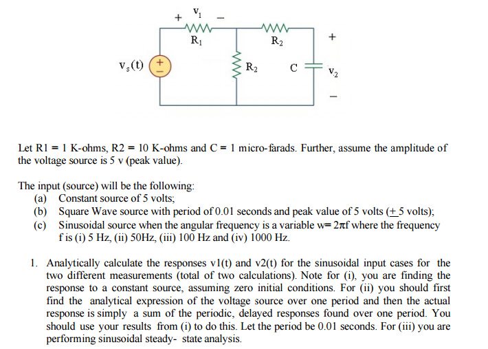 Solved Let R1 = 1 K-ohms, R2 = 10 K-ohms and C = 1 | Chegg.com