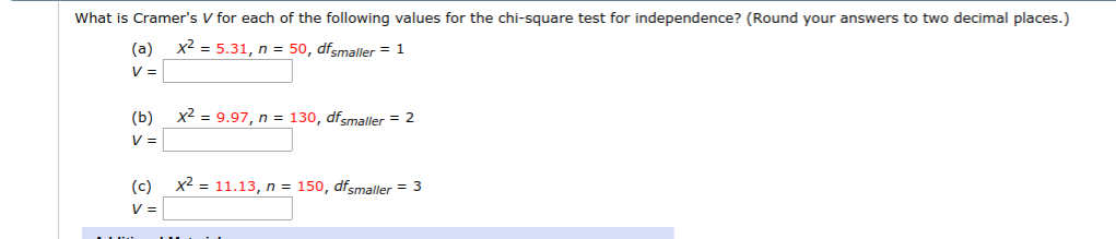 Solved What is Cramer's V for each of the following values | Chegg.com