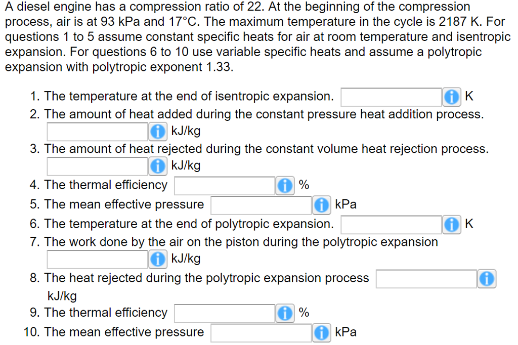 Solved A diesel engine has a compression ratio of 22. At the | Chegg.com