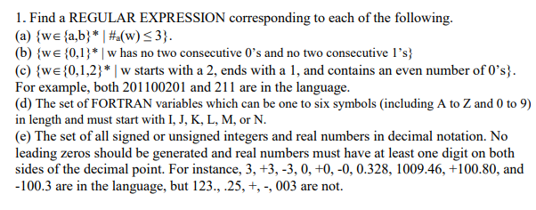 Solved 1. Find a REGULAR EXPRESSION corresponding to each of | Chegg.com