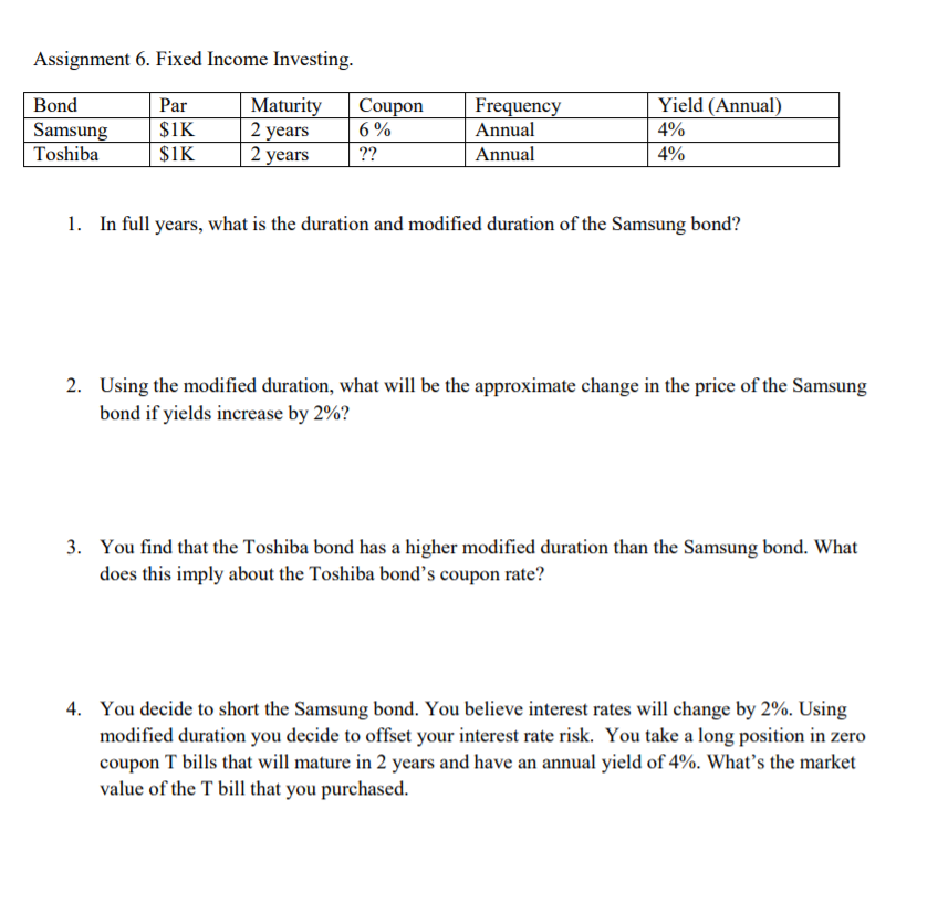 Solved Assignment 6. Fixed Income Investing Bond Samsun | Chegg.com