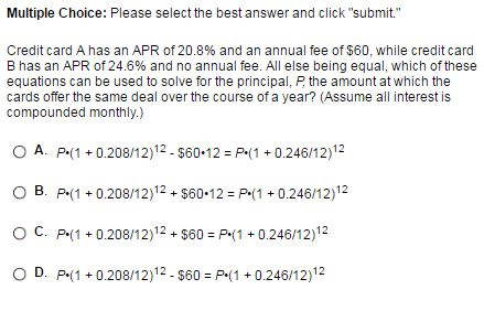 Solved Credit card A has an APR of 20.8% and an annual fee | Chegg.com
