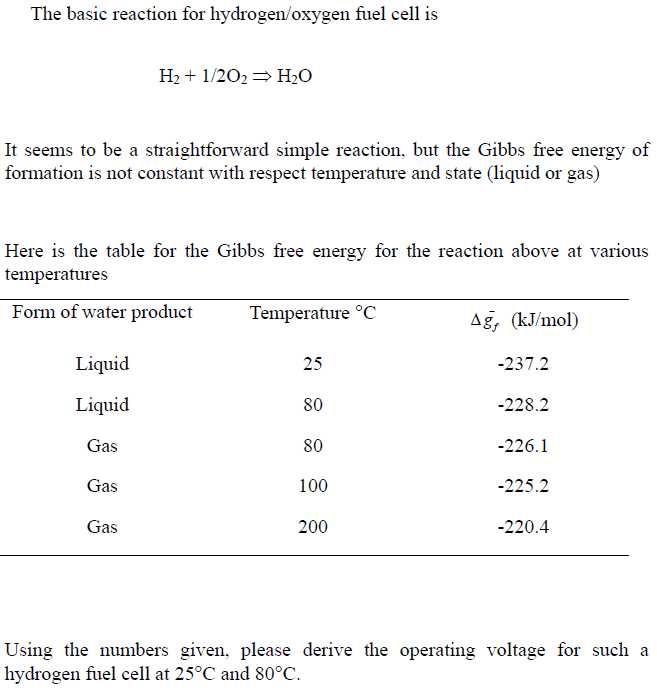 Solved The Basic Reaction For Hydrogen Oxygen Fuel Cell Is