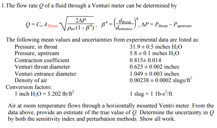 Solved 1.The flow rate O of a fluid through a Venturi meter | Chegg.com