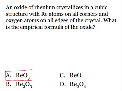 Solved An oxide of rhenium crystallizes in a cubic structure | Chegg.com