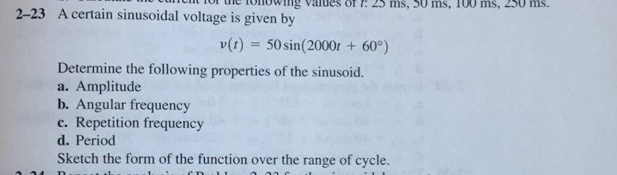 Solved A certain sinusoidal voltage is given by v(t) = 50 | Chegg.com