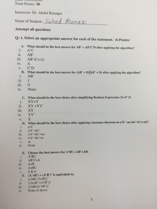 Solved What should be the best answer for AB' + AB'C'D after