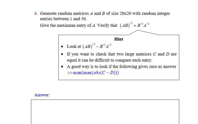 Solved 4. Generate random matrices A and B of size 20x20 | Chegg.com image.