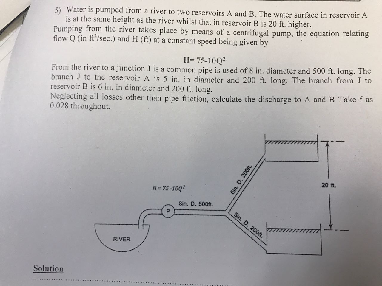 Solved Water is pumped from a river to two reservoirs A and