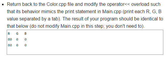 Solved -Return back to the Color.cpp file and modify the | Chegg.com