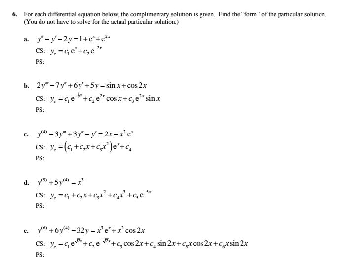 Solved For each differential equation below, the | Chegg.com