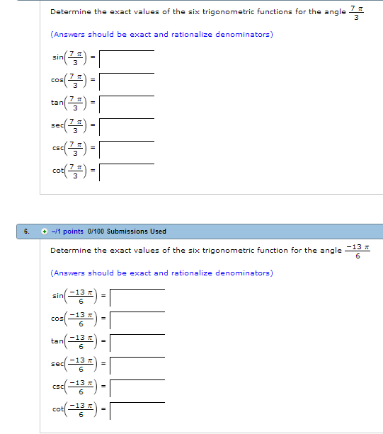 Solved Determine the exact values of the six trigonometric | Chegg.com