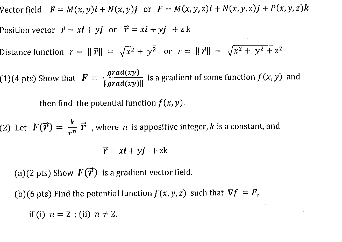 Vector Field F M X Y I N X Y J Or F M X Y Chegg Com