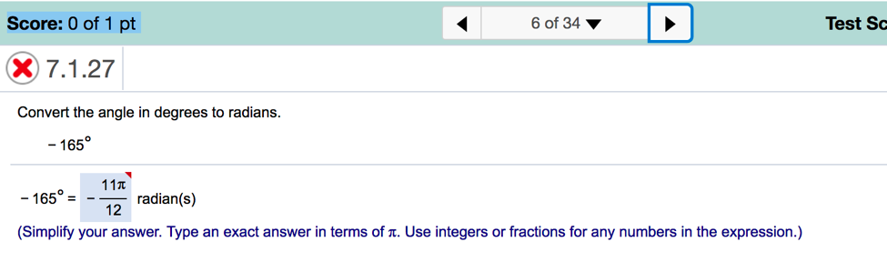 Solved Convert the angle in degrees to radians. - 165 | Chegg.com