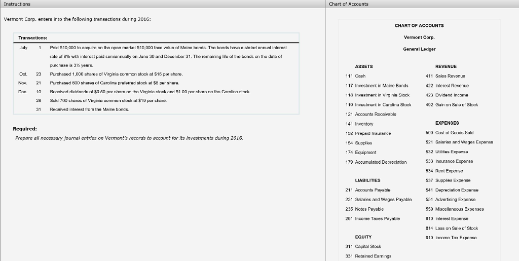 Instructions Chart of Accounts Vermont Corp. enters