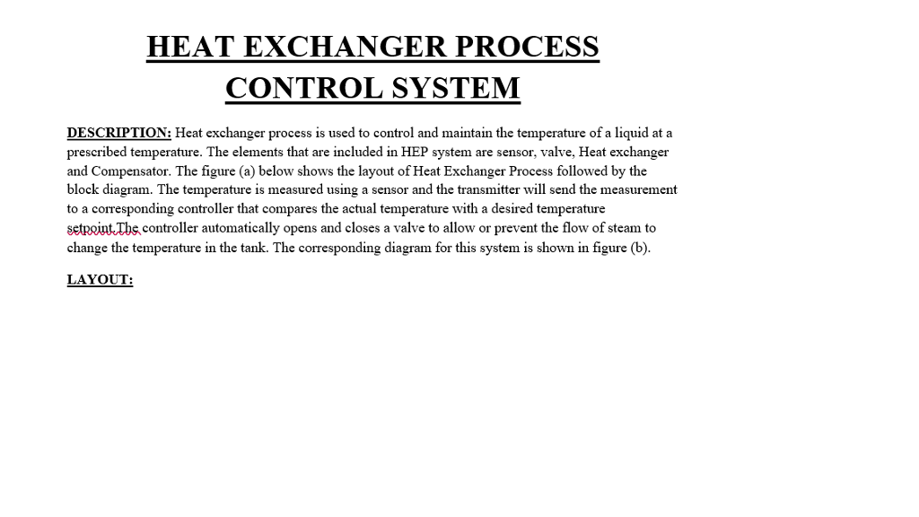 HEAT EXCHANGER PROCESS CONTROL SYSTEM DESCRIPTION