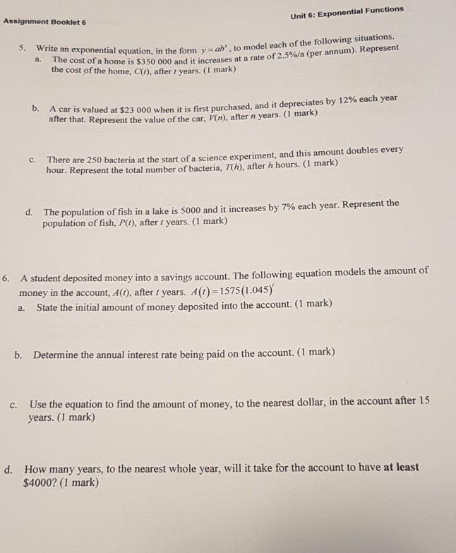 Solved assignment booklet 6 unit 6 exponential functions chegg