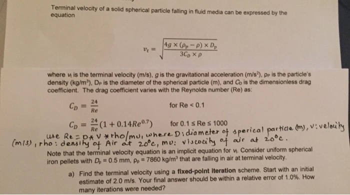 Solved Terminal velocity of a solid spherical particle | Chegg.com