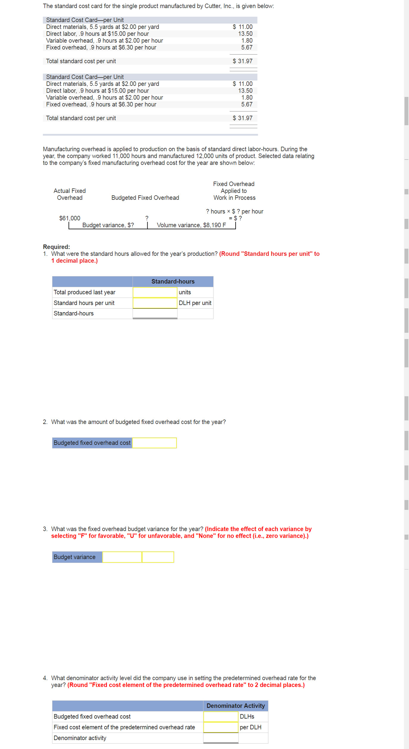 Solved The standard cost card for the single product