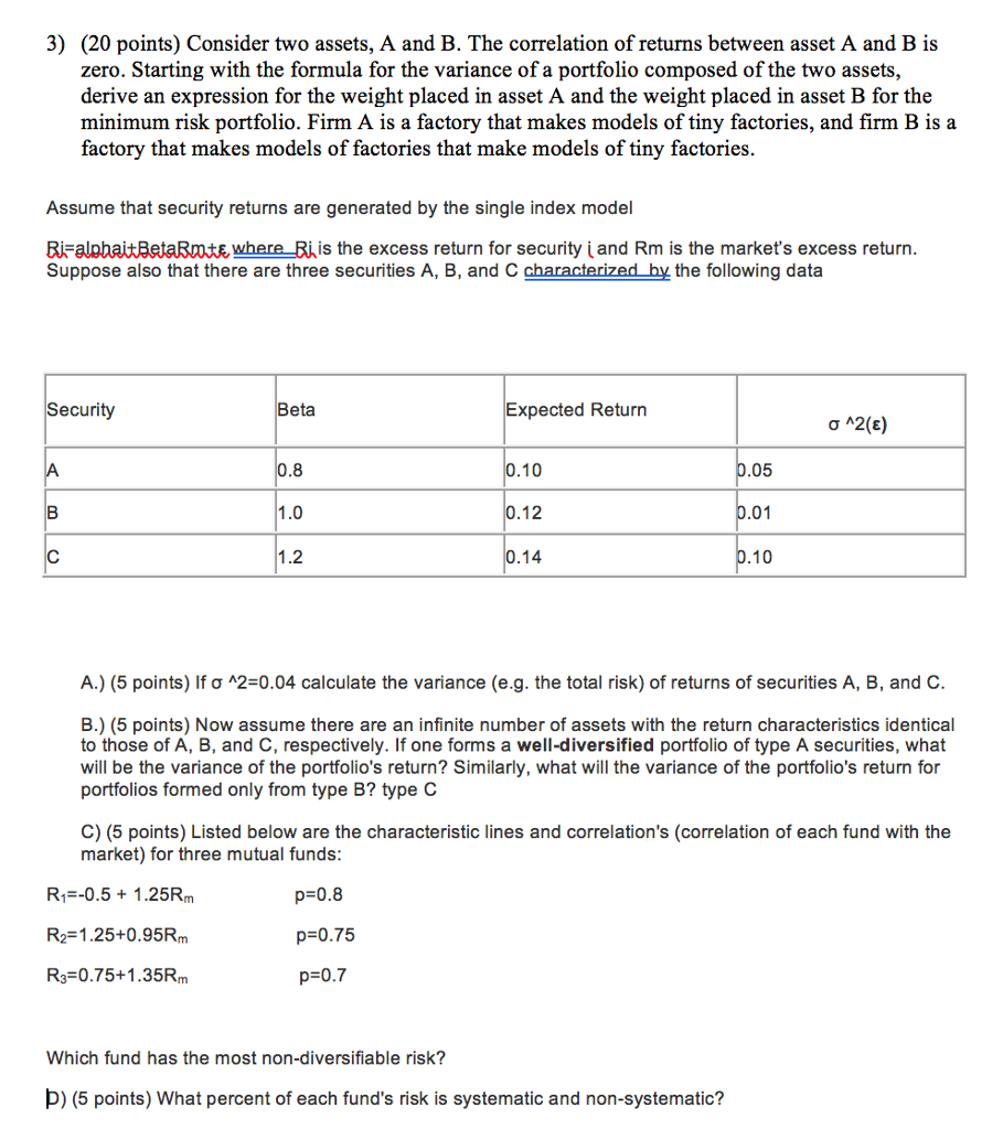 3) (20 Points) Consider Two Assets, A And B. The | Chegg.com