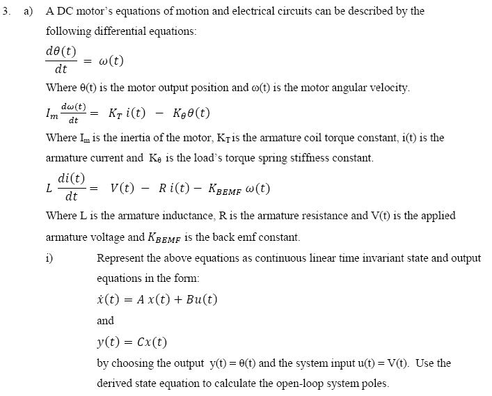 Solved 3. a) A DC motor's equations of motion and electrical | Chegg.com
