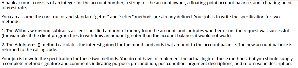 Solved A bank account consists of an integer for the account | Chegg.com