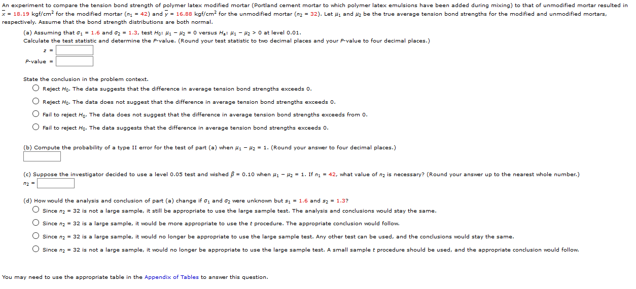 Solved An experiment to compare the tension bond strength of | Chegg.com