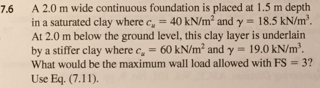 Solved A 2.0 m wide continuous foundation is placed at 1.5 m | Chegg.com