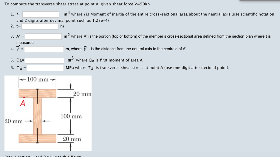 Solved To compute the transverse shear stress at point A, | Chegg.com